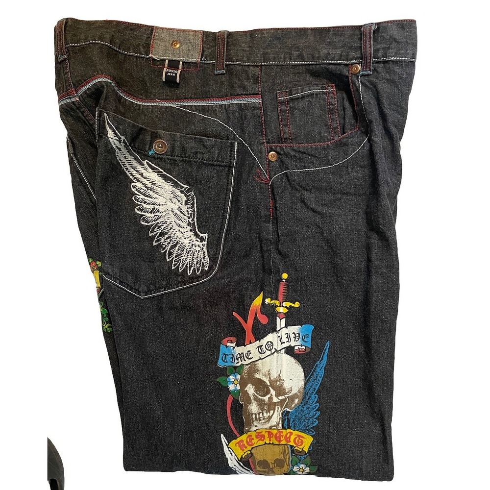 Vintage Y2K Russo Jeans Baggy Embroidered Graphic Cybergoth Grunge Punk Sz 44x32